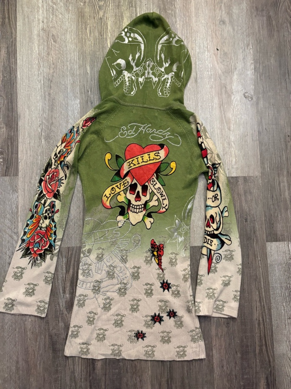Ed Hardy Green and Cream Women's V-Neck Hoodie Sweater